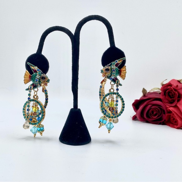 Lunch At The Ritz Earrings Angel Fish Ocean Blue Loop Dangle Rare Vintage - Picture 1 of 6